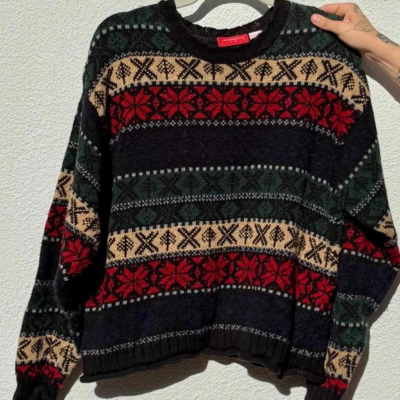 VTG Liz Claiborne 90s Fair Isle Knit Boxy Nordic Cropped Holiday Sweater - Picture 4 of 6